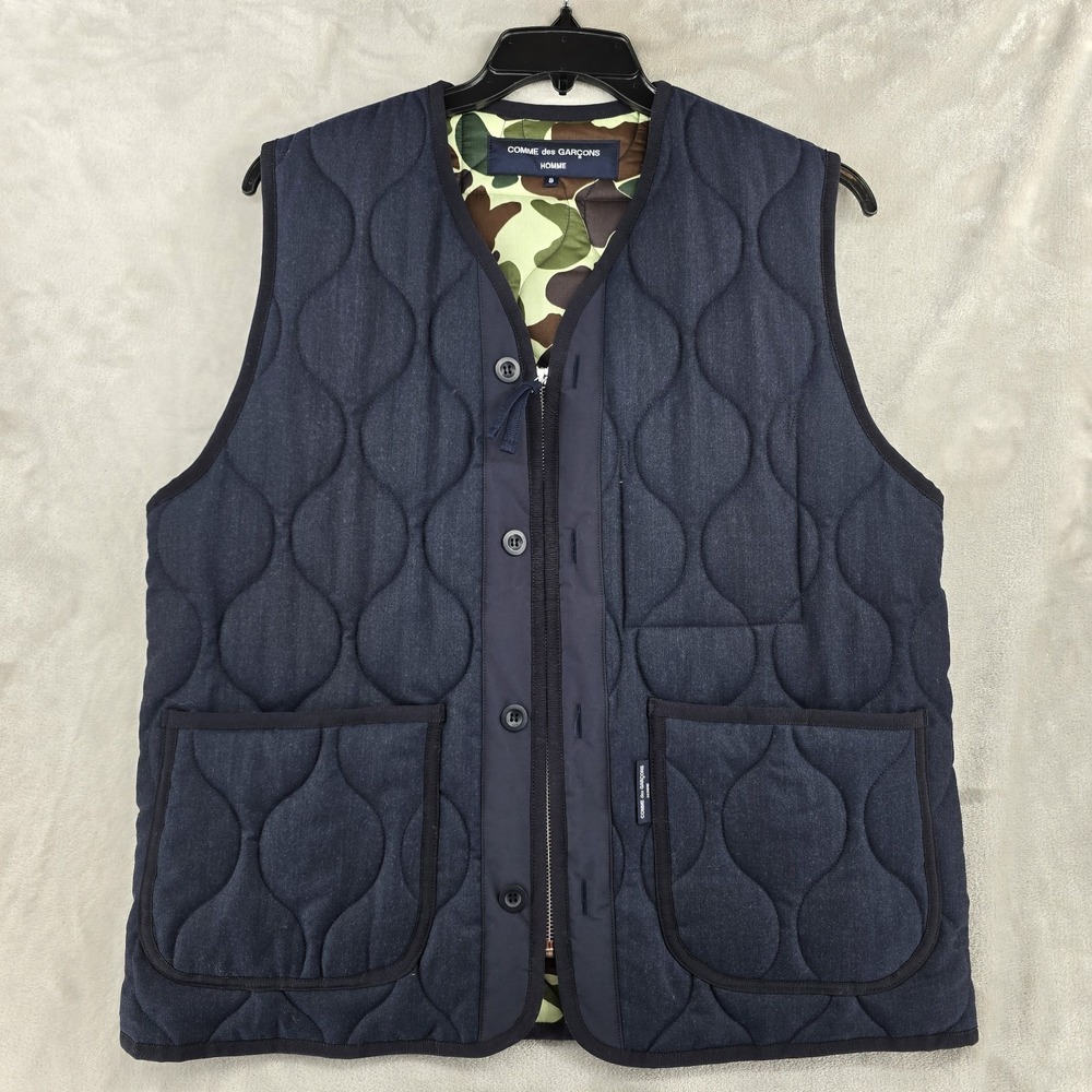 Comme Des Garçons Homme Quilted Vest Mens Small Full Zip Blue Camo Made In Japan - Picture 2 of 15
